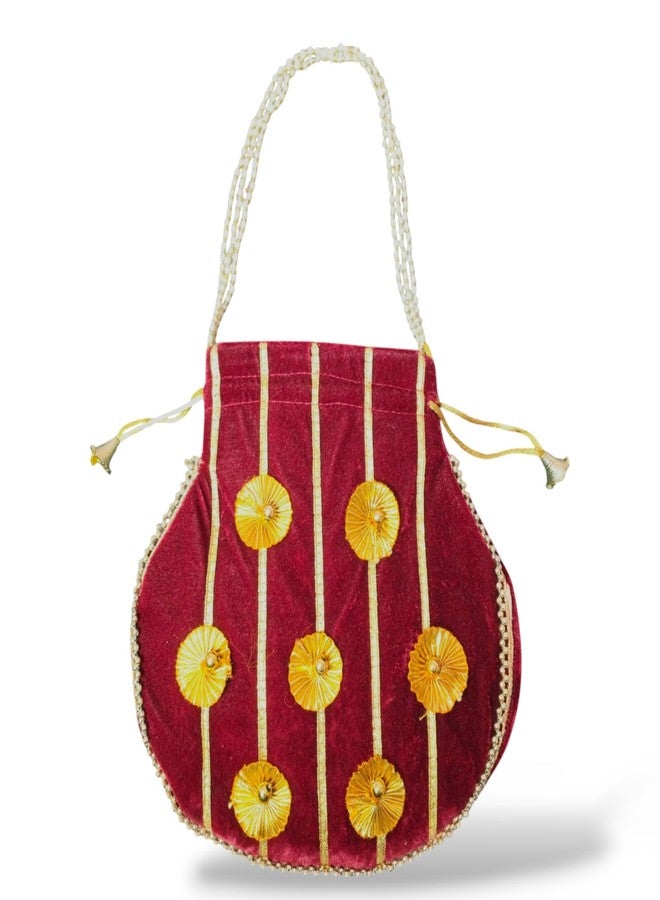 SUMERA WARQ Velvet Potli Bag, Red with Gold Embellishments and Pearl Detailing, Traditional Women's Handbag - Image 3